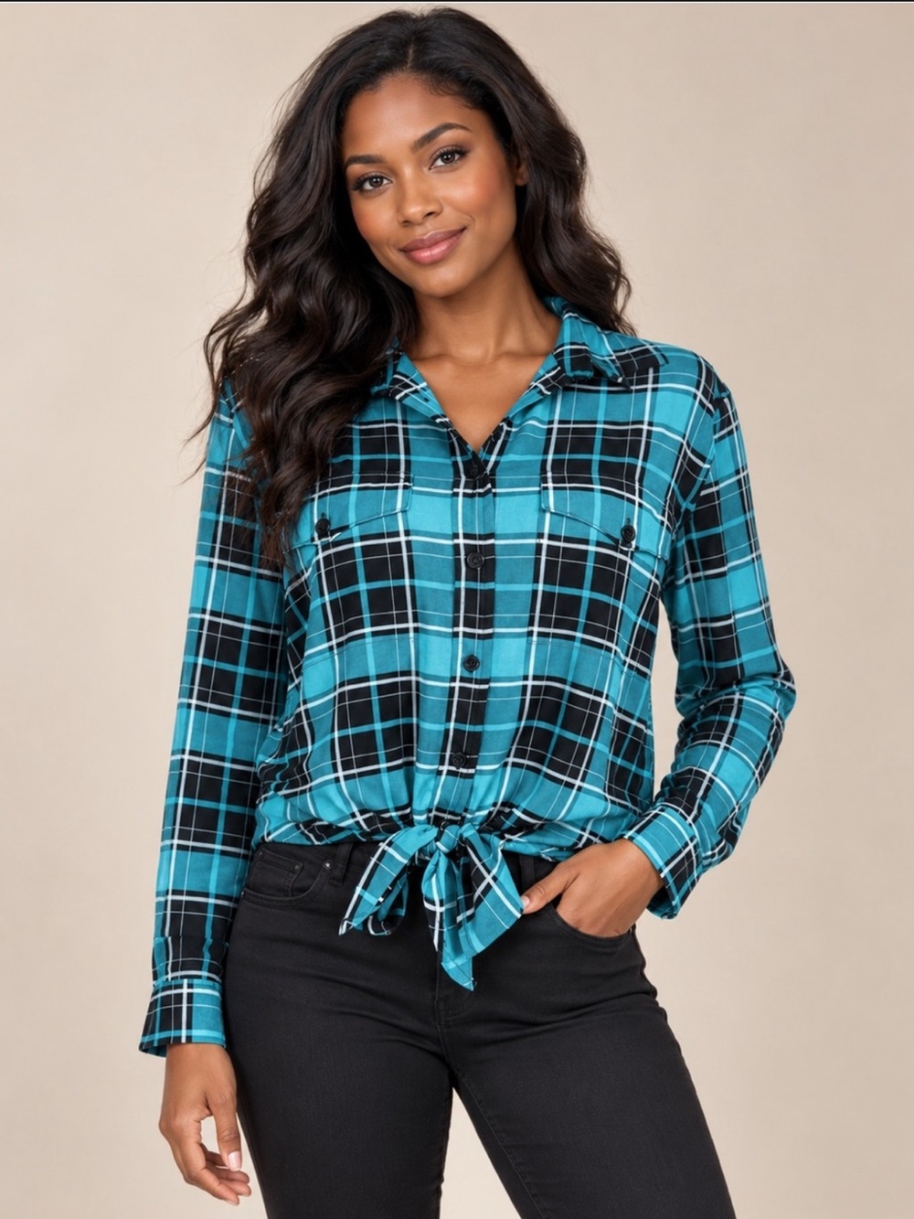 Michael Kors Plaid Tie-Front Button-Up Top in Teal
